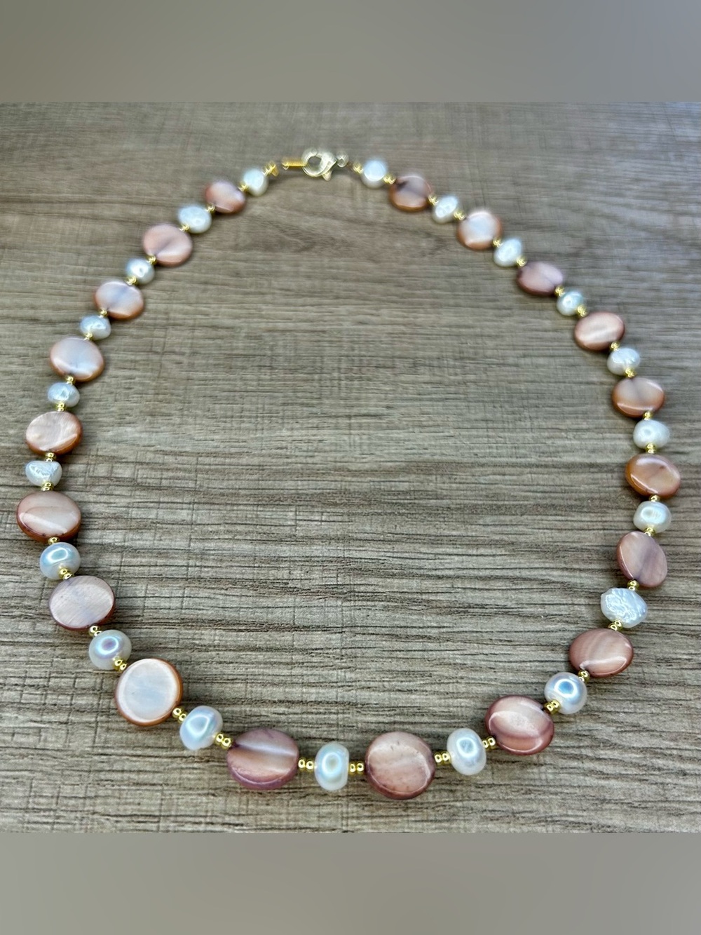 Freshwater Pearl and Mother of Pearl Tan Coin beaded Necklace Handmade